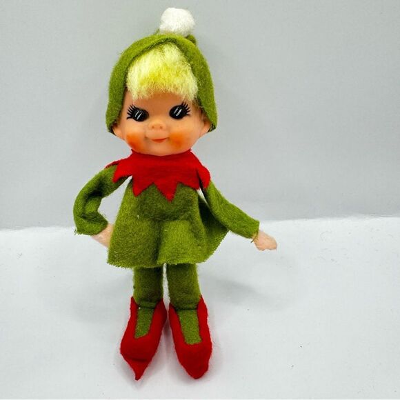 Vintage Napco Green Elf Pixie Ornament 60s Felt Rubber Face Mold Christmas Bends - Picture 1 of 5